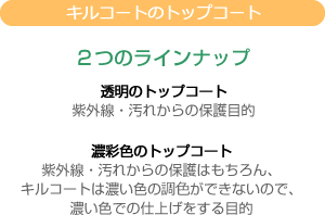 キルコートのトップコート:2つのラインナップ 透明のトップコート(遮熱効果、紫外線・汚れからの保護目的)、濃彩色のトップコート(遮熱効果、紫外線・汚れからの保護はもちろん、キルコートは濃い色の朝食ができないので、濃い色での仕上げをする目的)