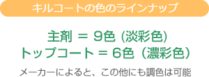 キルコートの色のラインナップ：主剤 ＝ 9色 (淡彩色)、トップコート = 6色（濃彩色） ※メーカーによると、この他にも調色は可能